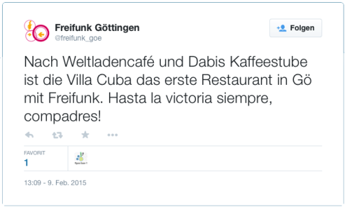 Nach Weltladencafé und Dabis Kaffeestube ist die Villa Cuba das erste Restaurant in Gö mit Freifunk. Hasta la victoria siempre, compadres!